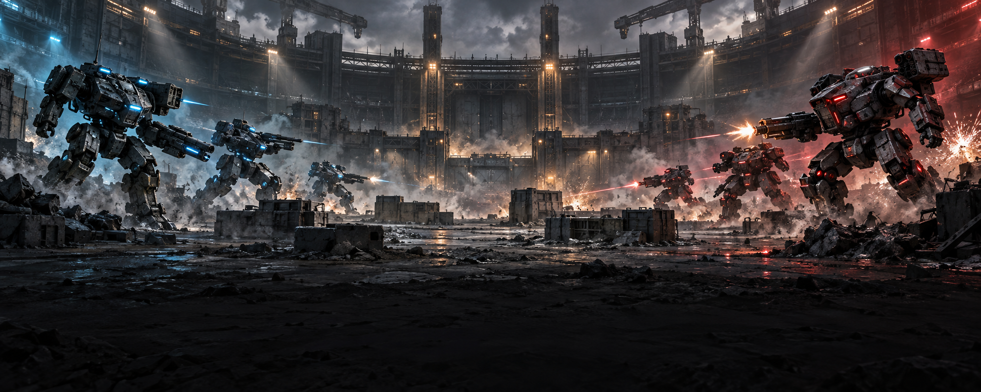Concept art of mechs fighting in an industrial arena